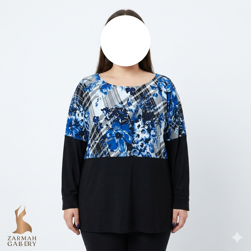 شومیز تونیک زنانه سایزبزرگ استوک خارجی برند چهل و دو پاپس ترکیب مشکی و طرح گلهای آبی آستین بلند مچدار تنخور زن چاق