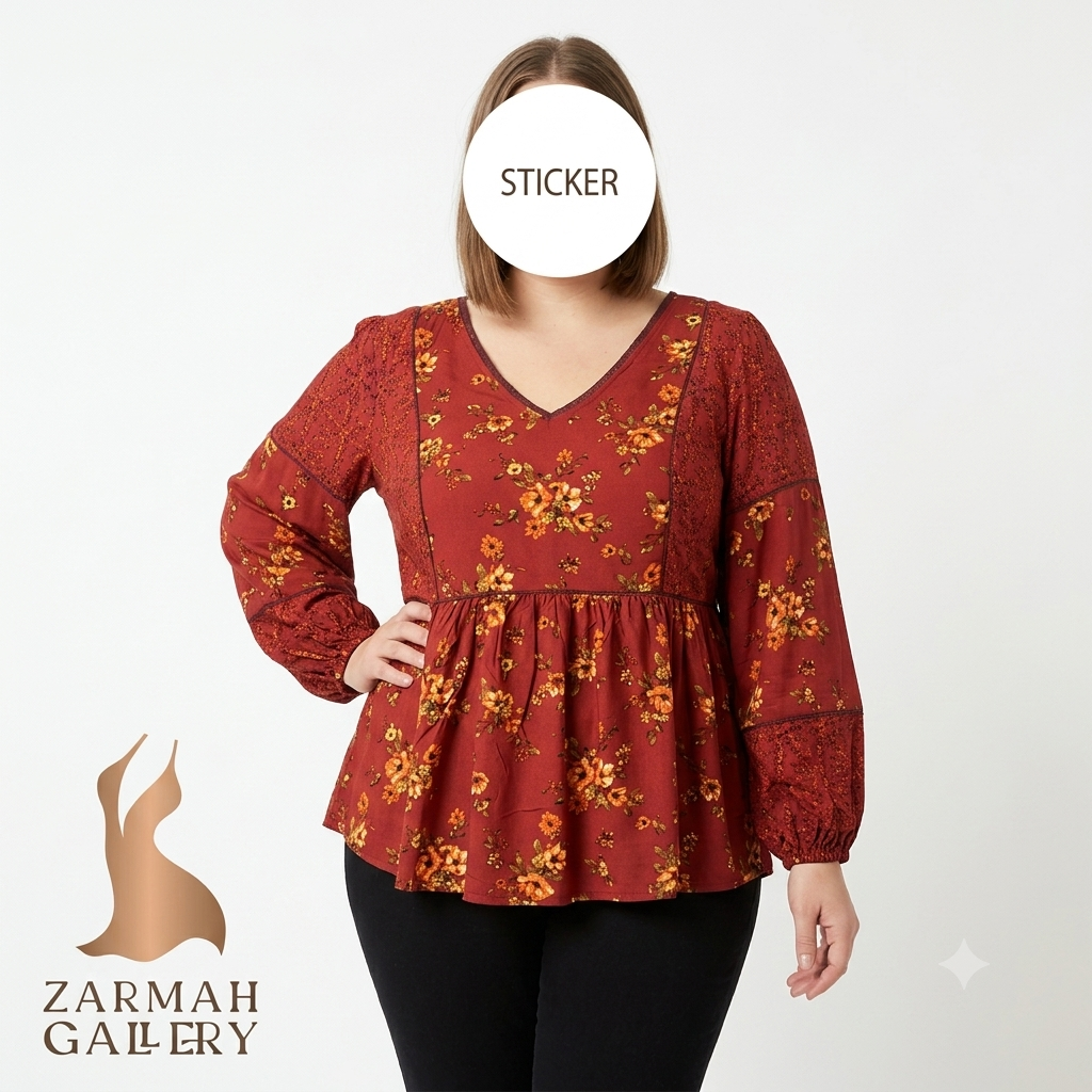 شومیز زنانه سایز بزرگ استوک وارداتی طرح گل‌دار قرمز رنگ با پارچه ریون مناسب استایل روزمره و مجلسی