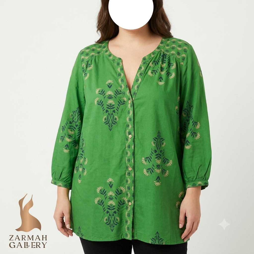 شومیز زنانه سایز بزرگ استوک وارداتی برند Knox Rose رنگ سبز طرح‌دار، جنس نخی و راحت، مناسب استایل کژوال