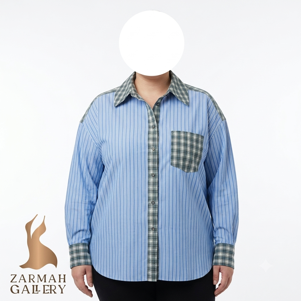 شومیز زنانه سایز بزرگ وارداتی طرح ترکیبی راهراه و چهارخانه کد 2752 مناسب استایل کژوال