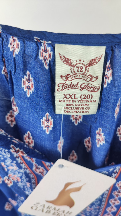 شومیز زنانه آبی کاربنی سایز بزرگ برند فیدد گلوری (Faded Glory) کد 2756 با طرح بوهو و یقه بندی، استوک وارداتی گرید