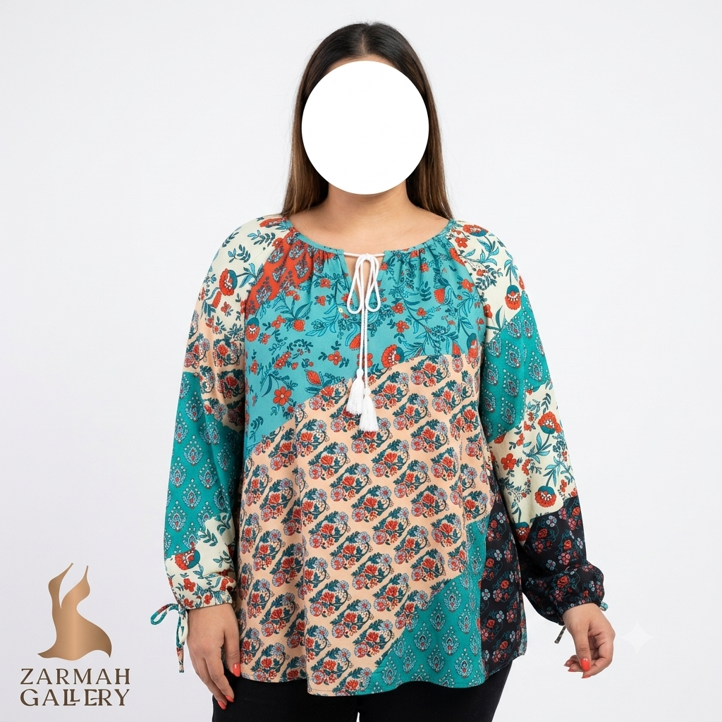 شومیز زنانه سایز بزرگ طرحدار سنتی رنگی با بند منگولهدار مناسب استایل تابستانه و مجلسی