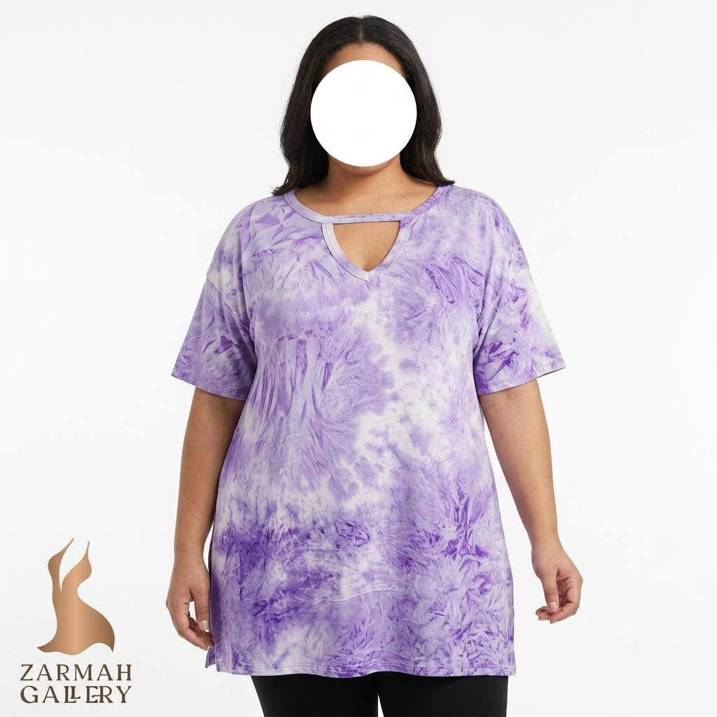 شومیز زنانه سایز بزرگ طرح‌دار بنفش و سفید مدل یقه چاک‌دار مناسب استایل کژوال و راحتی