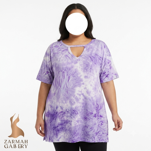 شومیز زنانه سایز بزرگ طرحدار بنفش و سفید مدل یقه چاکدار مناسب استایل کژوال و راحتی