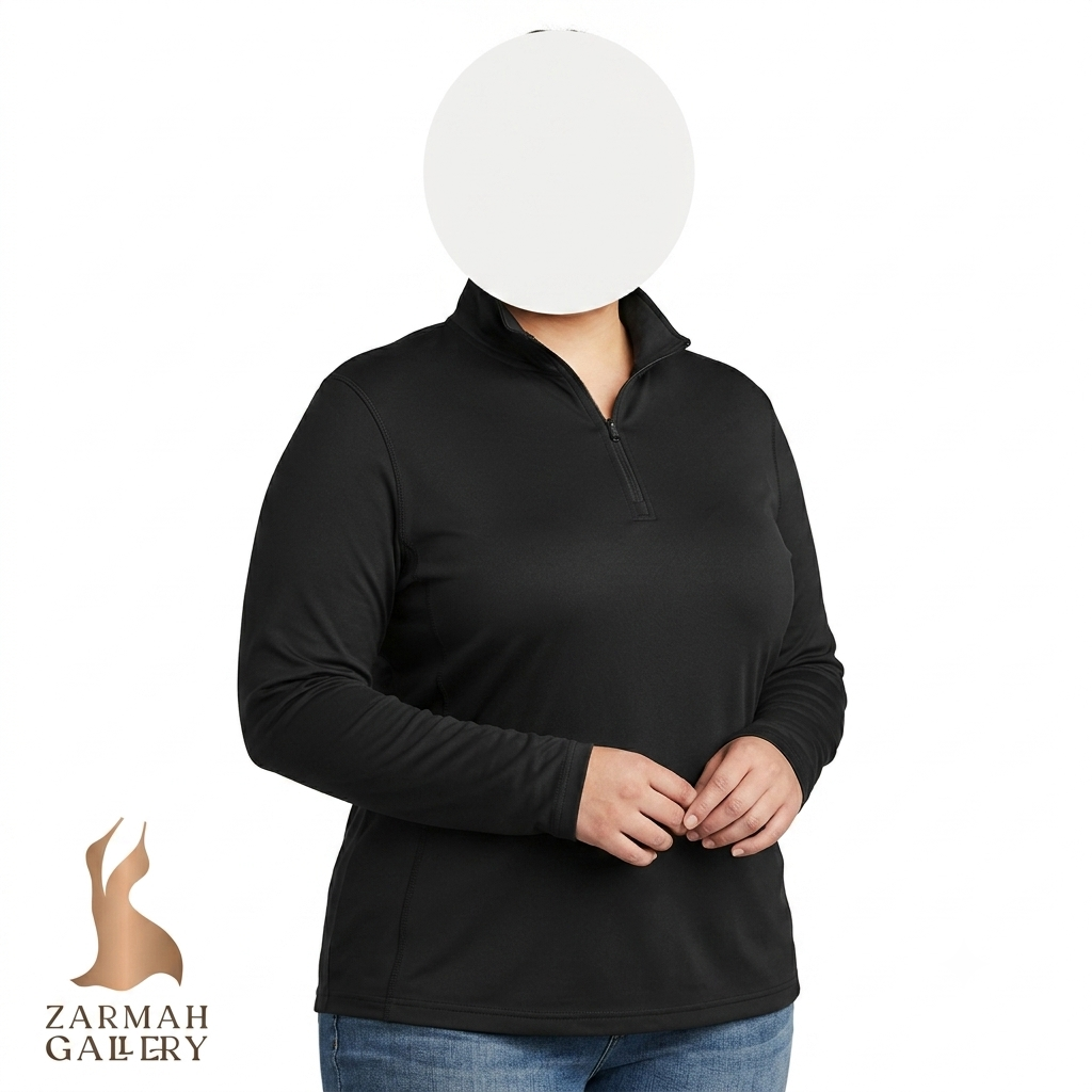 بلوز مشکی زنانه سایز بزرگ برند Real Essentials کد ۲۸۶۶ مدل یقه زیپدار مناسب استفاده روزمره و ورزشی