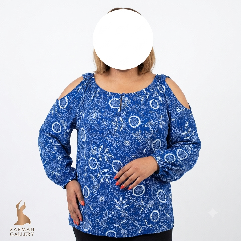 شومیز زنانه استوک وارداتی برند لیز لنگ رنگ آبی طرح گلدار با طراحی یقه باز و آستیندار سایز بزرگ