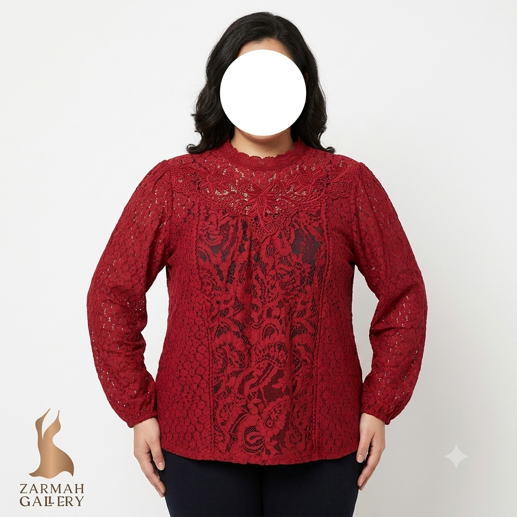 شومیز زنانه استوک وارداتی برند تورید رنگ زرشکی با طراحی گیپور مجلسی مناسب سایز بزرگ