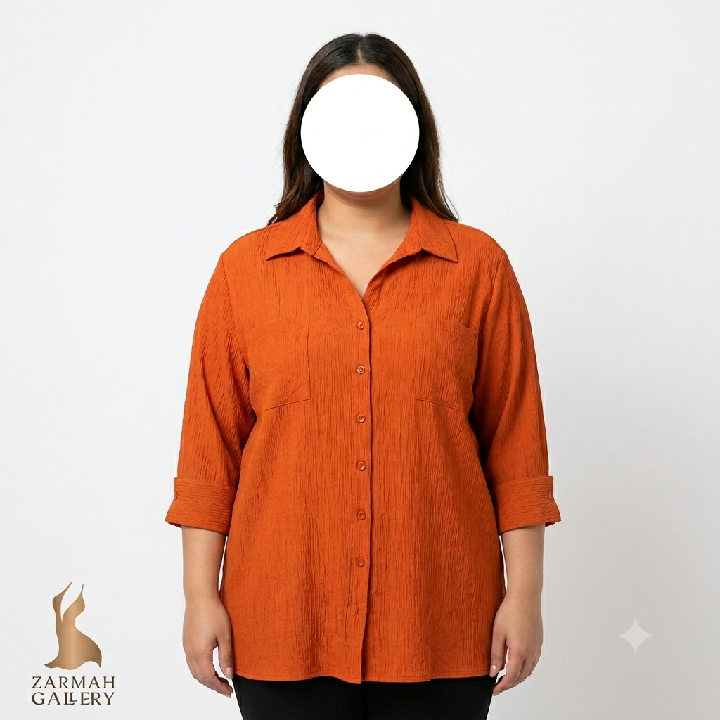 شومیز زنانه استوک وارداتی برند Essentials رنگ نارنجی آجری سایز بزرگ مناسب استایل مجلسی و روزمره