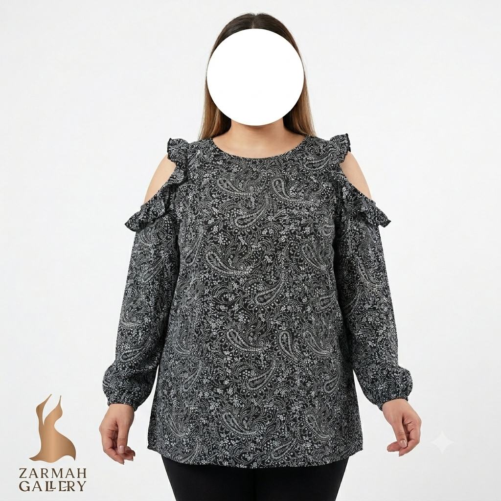شومیز زنانه استوک وارداتی برند Old Navy رنگ مشکی طرحدار با مدل سرشانه باز مناسب سایز ۴۴ و