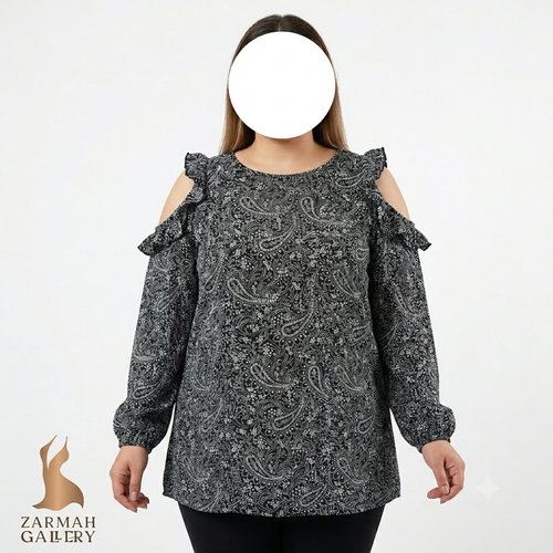 شومیز زنانه استوک وارداتی برند Old Navy رنگ مشکی طرحدار با مدل سرشانه باز مناسب سایز ۴۴ و