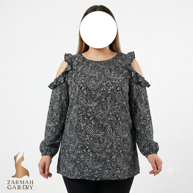 شومیز زنانه استوک وارداتی برند Old Navy رنگ مشکی طرحدار با مدل سرشانه باز مناسب سایز ۴۴ و