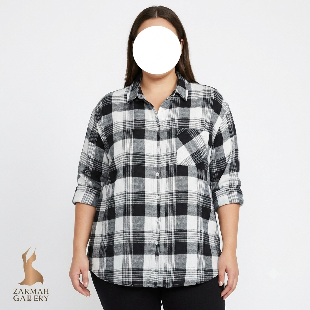 شومیز زنانه چهارخانه مشکی و سفید برند Devoted استوک وارداتی سایز بزرگ با تنخور راحت و شیک