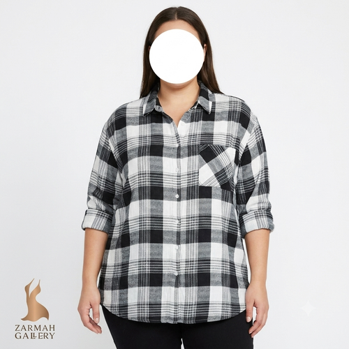 شومیز زنانه چهارخانه مشکی و سفید برند Devoted استوک وارداتی سایز بزرگ با تنخور راحت و شیک