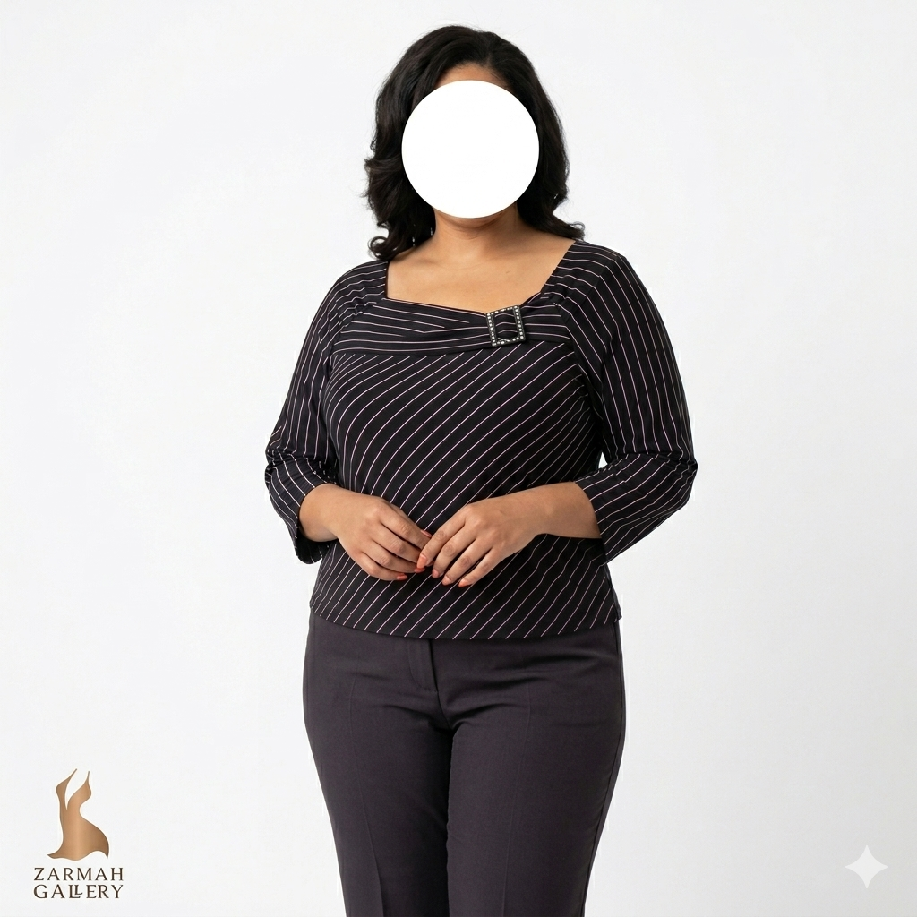 شومیز زنانه سایزبزرگ مجلسی برند Dressbarn با طرح راهراه مورب و تزئین سگکدار، استوک وارداتی درجه A،