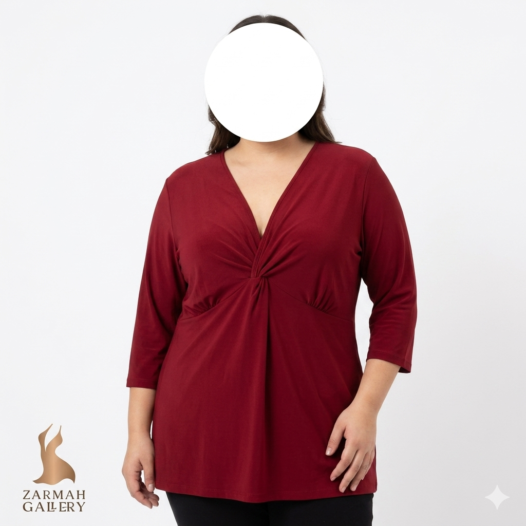شومیز زنانه سایز بزرگ برند جورج رنگ زرشکی مدل یقه چپ و راستی مناسب استایل مجلسی و روزمره