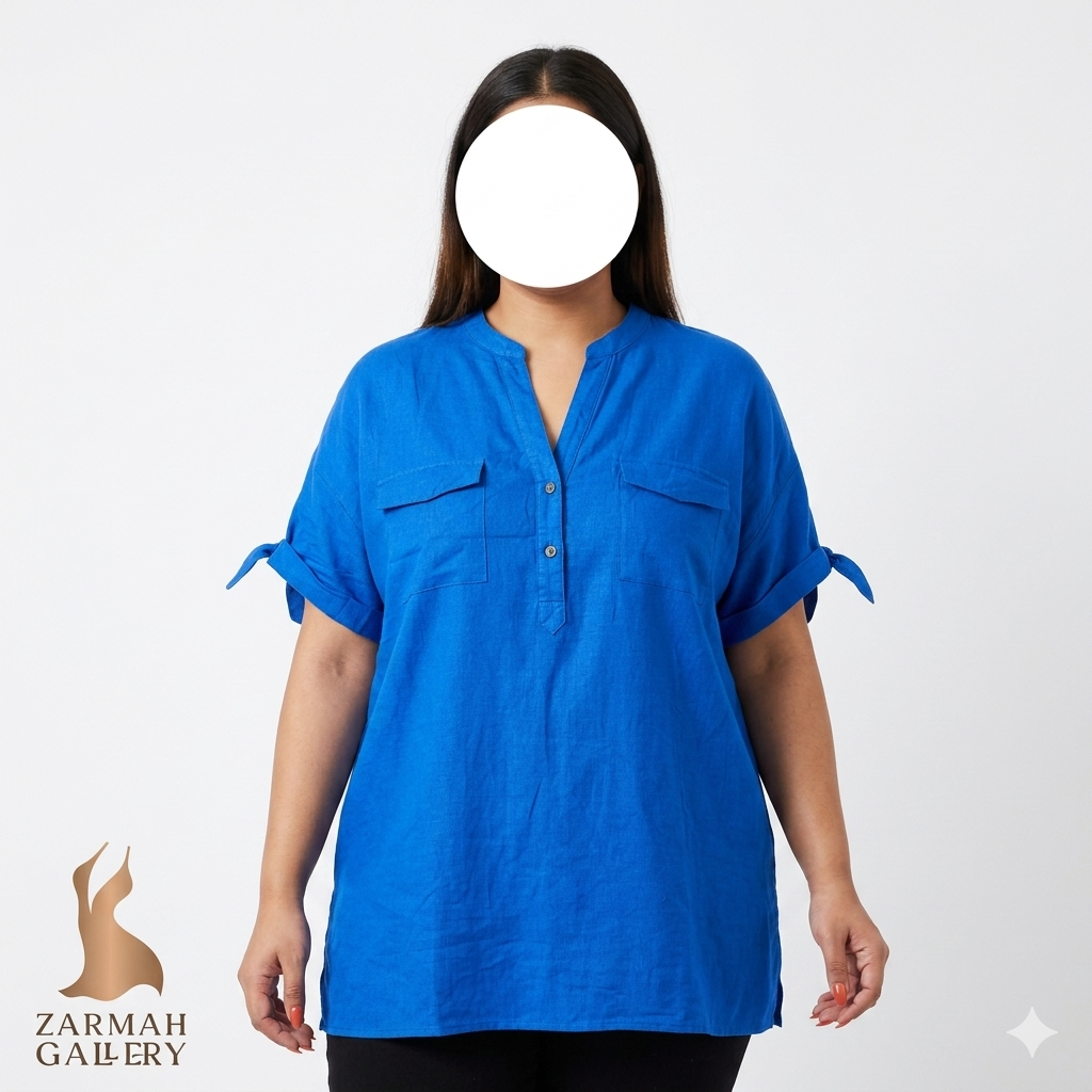 شومیز زنانه سایز بزرگ برند Counterparts رنگ آبی کاربنی جنس لینن مناسب استایل تابستانه و روزمره
