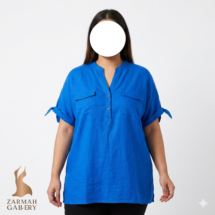 شومیز زنانه سایز بزرگ برند Counterparts رنگ آبی کاربنی جنس لینن مناسب استایل تابستانه و روزمره