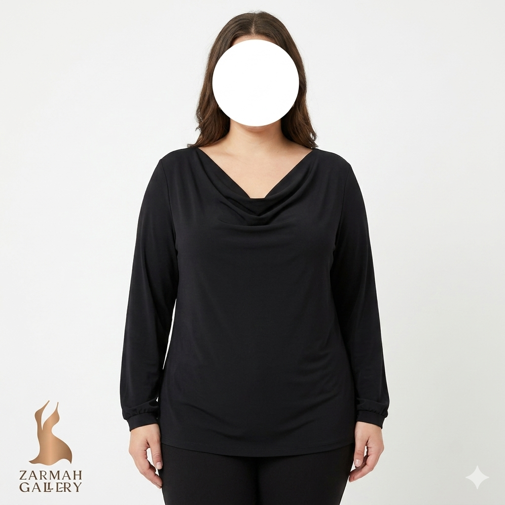 شومیز زنانه سایز بزرگ برند Halogen رنگ مشکی با یقه دراپه، مناسب استایل رسمی و مجلسی