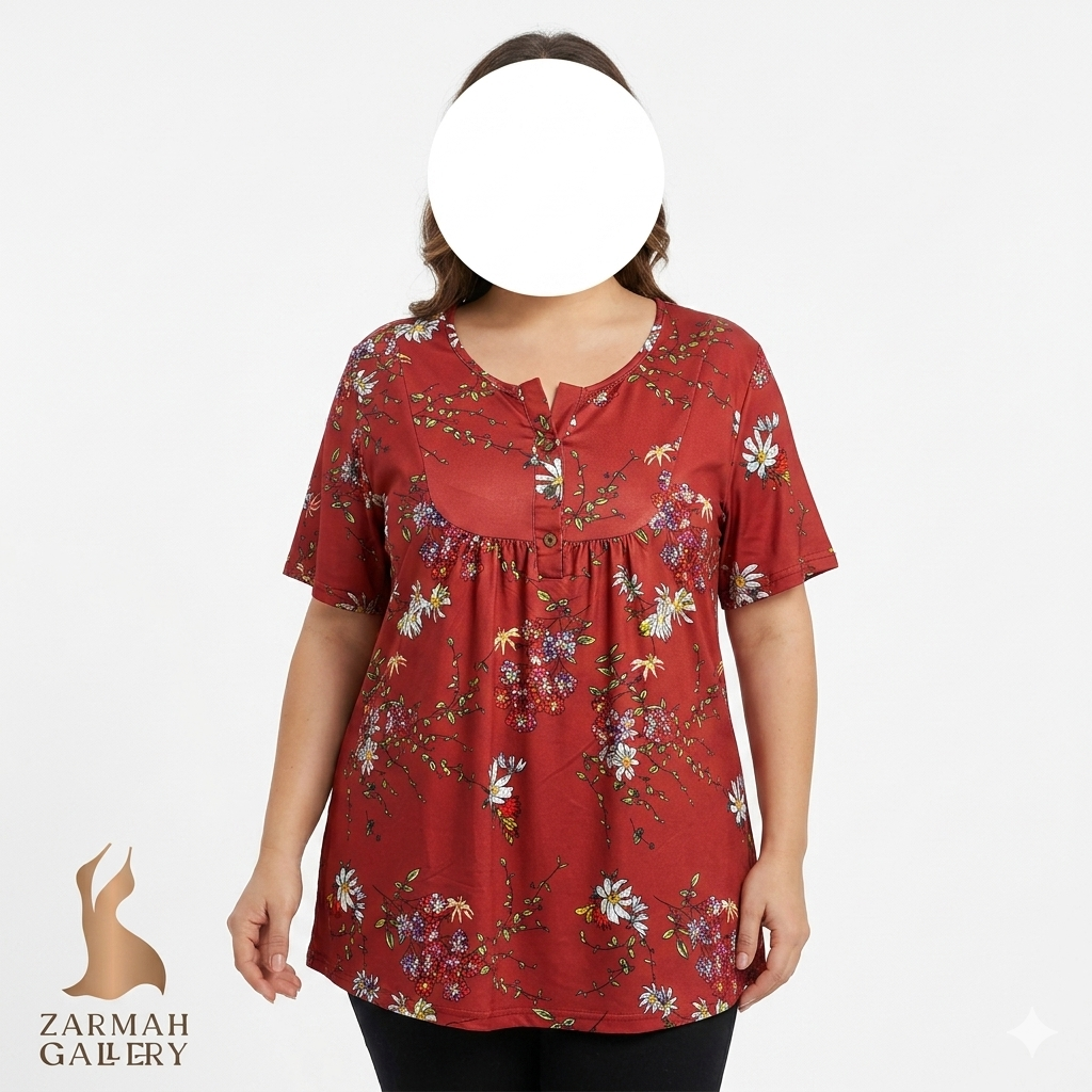شومیز زنانه سایز بزرگ وارداتی رنگ قرمز طرح گل‌دار، مناسب استایل روزمره و مجلسی سایز 48