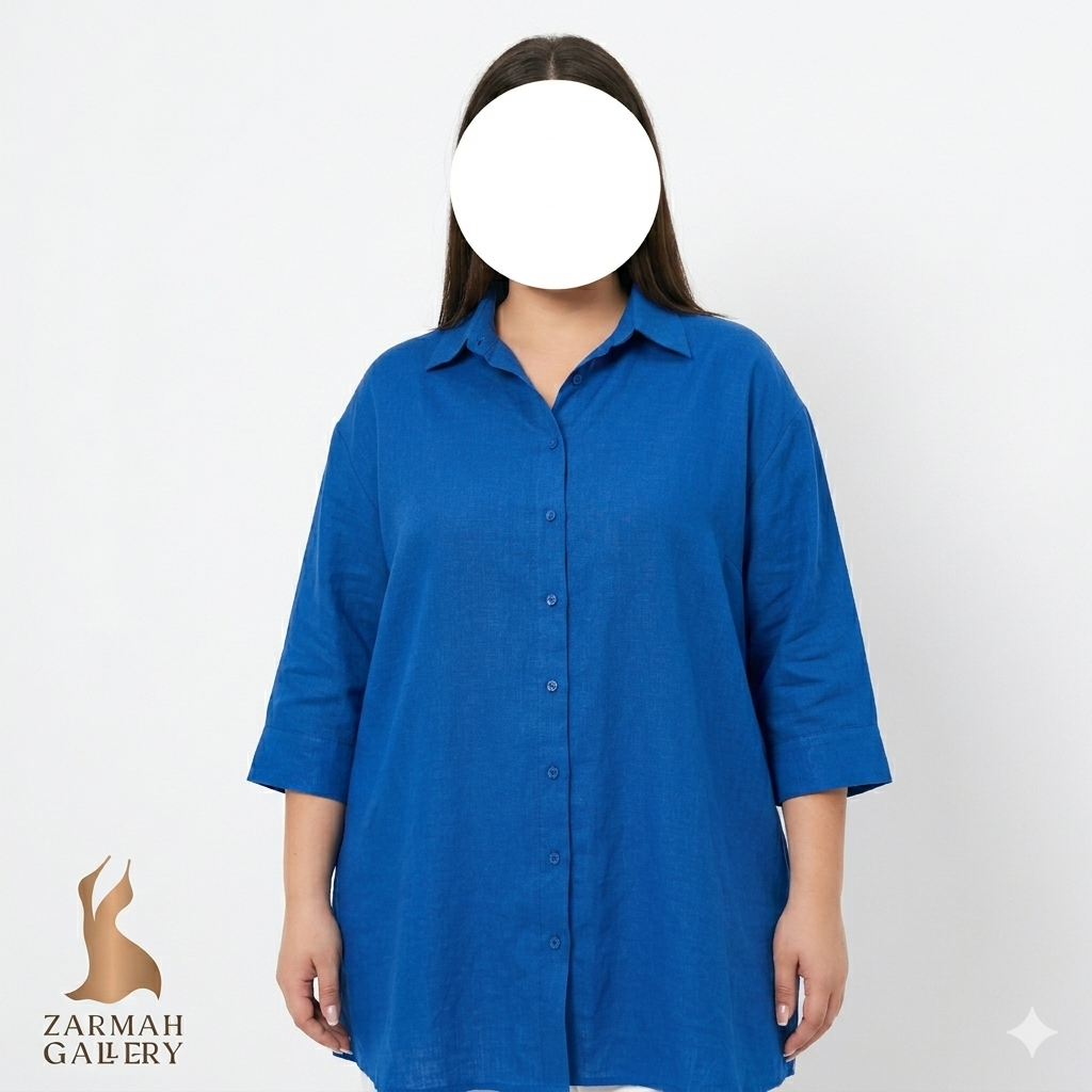 شومیز زنانه سایز بزرگ آبی کاربنی برند وارداتی با طراحی آزاد و مدرن، مناسب استایل کژوال و راحتی سایز 50 و