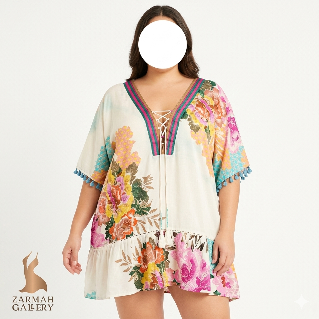 شومیز زنانه سایز بزرگ وارداتی با طرح گل‌دار رنگی و یقه بندی، مناسب استایل تابستانی و ساحلی
