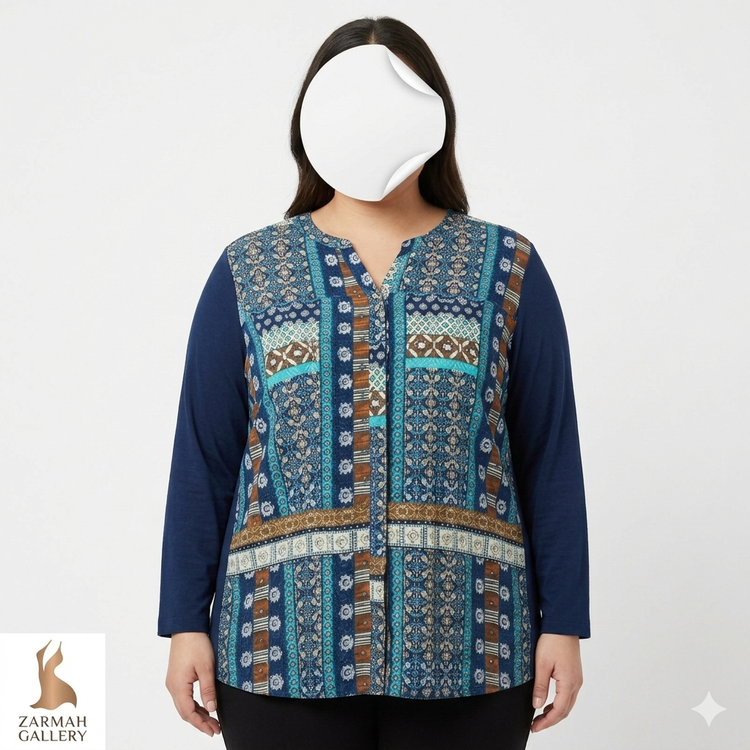 شومیز زنانه سایز بزرگ وارداتی برند ونهوسن با طرح سنتی و ترکیب پارچه بافت و حریر،