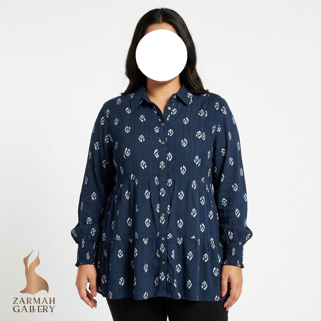 شومیز تونیک زنانه سایز بزرگ استوک اورجینال برند style & co رنگ سرمه ای طرح دار دکمه دار خنک تابستانی فروشگاه زرماه گالری