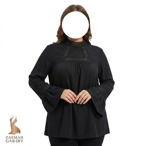 شومیز مجلسی زنانه سایزبزرگ استوک رنگ مشکی یقه ایستاده گیپوردار و آستین کلوش کد ۲۹۱۴ غرفه زرماه گالری