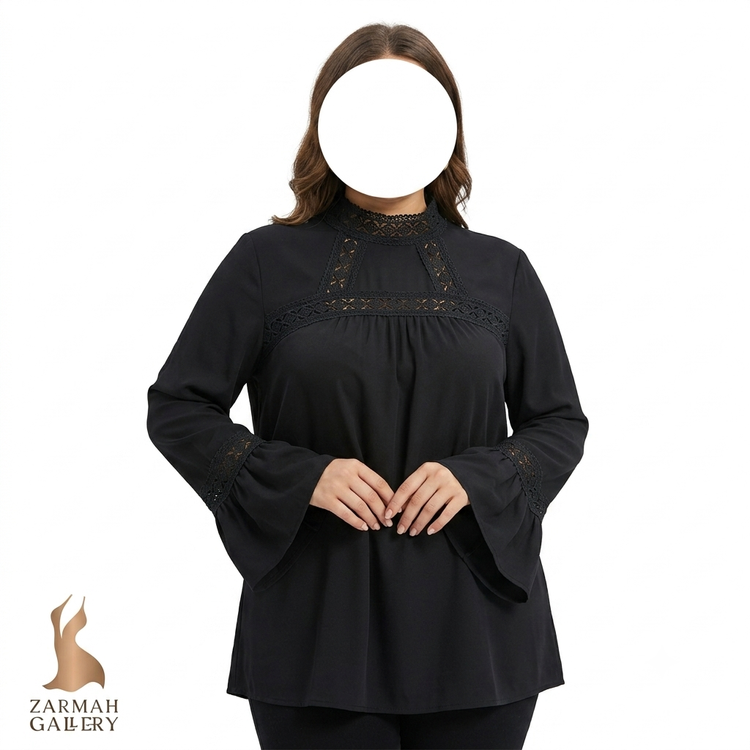 شومیز مجلسی زنانه سایزبزرگ استوک رنگ مشکی یقه ایستاده گیپوردار و آستین کلوش کد ۲۹۱۴ غرفه زرماه گالری