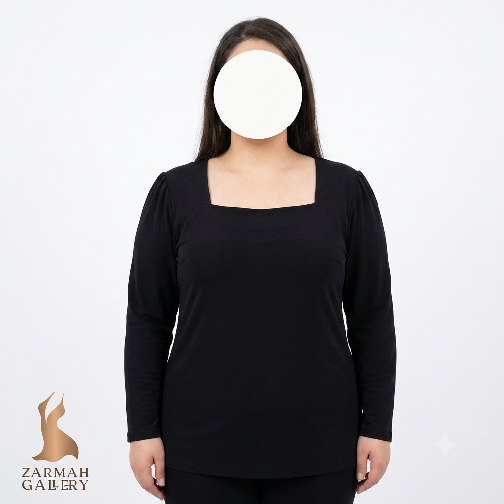 شومیز آستین بلند زنانه استوک وارداتی رنگ مشکی ساده مدل یقه خشتی مربعی و چین روی شانه