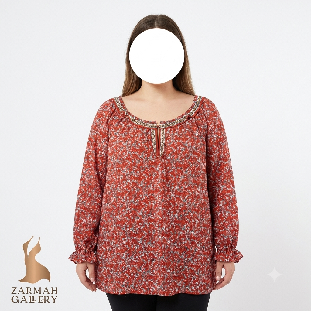 شومیز پلاس سایز زنانه استوک وارداتی برند مکس استودیو رنگ قرمز گلدار با یقه قایقی بنددار و آستین مچ‌دار کلوش