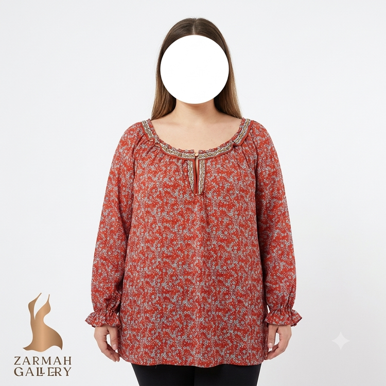 شومیز پلاس سایز زنانه استوک وارداتی برند مکس استودیو رنگ قرمز گلدار با یقه قایقی بنددار و آستین مچدار کلوش