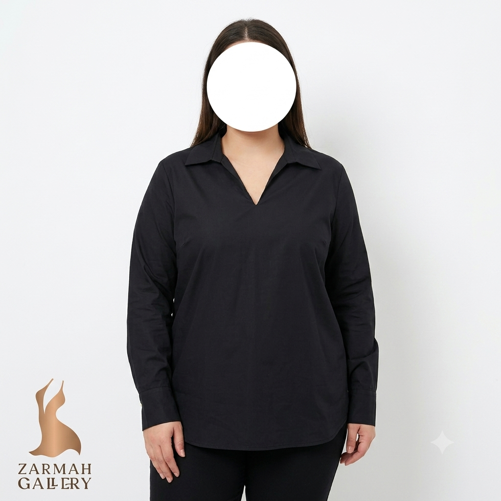 شومیز زنانه مشکی استوک وارداتی برند کافه kaffe مچ دکمه‌دار یقه هفت مدل الگو ساده مناسب استایل رسمی زرماه گالری