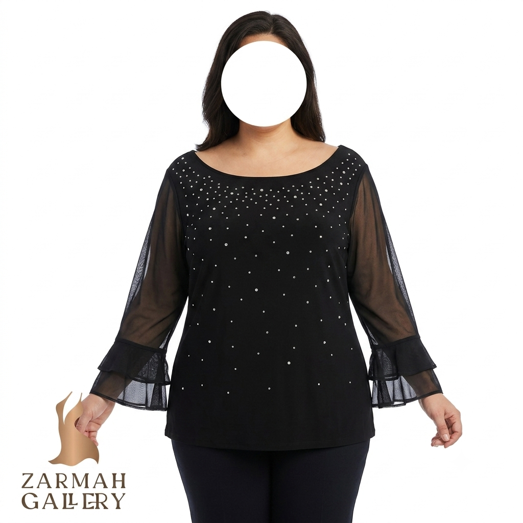 شومیز مجلسی مشکی زنانه سایزبزرگ استوک وارداتی برند Roz & Ali با آستین توری حریر کلوش و یقه نگین‌دوزی شده
