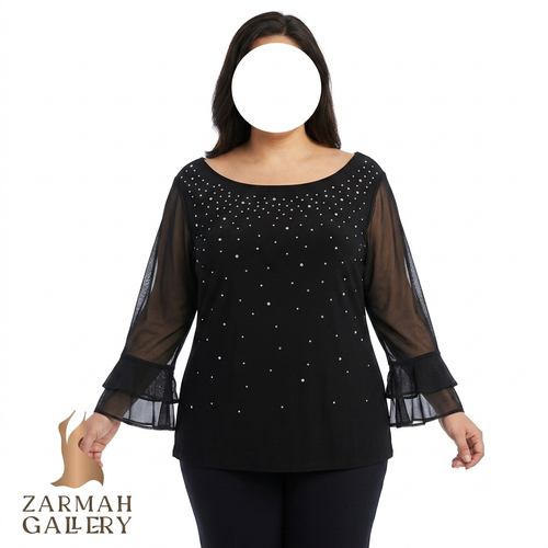 شومیز مجلسی مشکی زنانه سایزبزرگ استوک وارداتی برند Roz & Ali با آستین توری حریر کلوش و یقه نگیندوزی شده