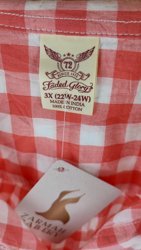شومیز چهارخانه زنانه سایز بزرگ برند Faded Glory رنگ نارنجی و سفید استوک وارداتی مناسب استایل کژوال