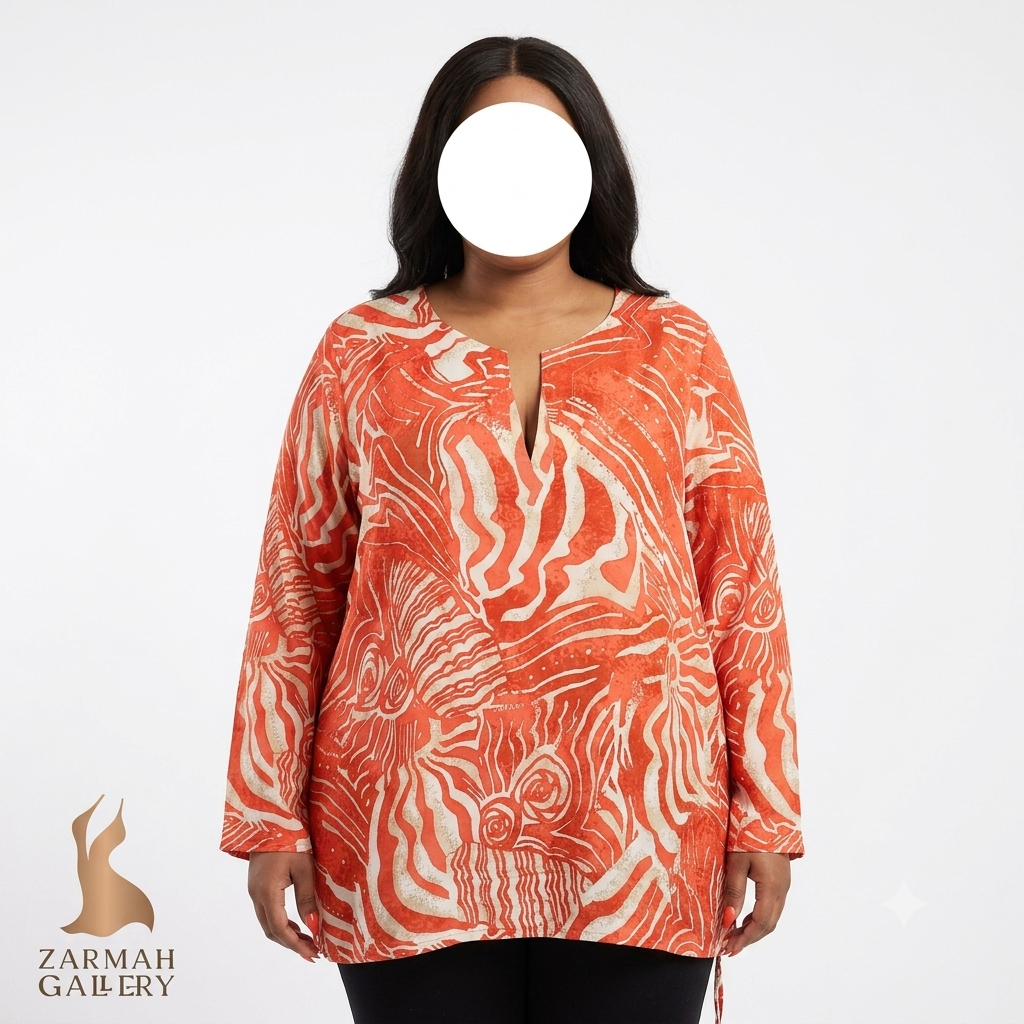 شومیز سایز بزرگ زنانه استوک اروپایی برند چیکو رنگ قرمز و کرم طرح دار یقه هفت چاک دار جنس نخی خنک آستین بلند