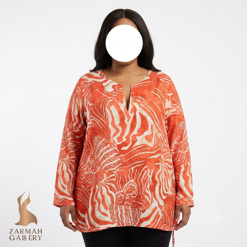 شومیز سایز بزرگ زنانه استوک اروپایی برند چیکو رنگ قرمز و کرم طرح دار یقه هفت چاک دار جنس نخی خنک آستین بلند