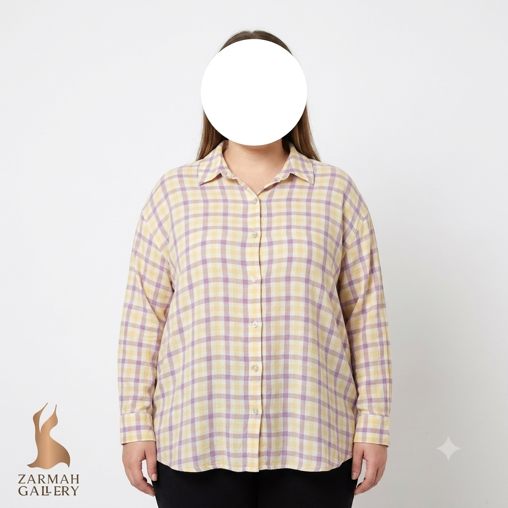 شومیز زنانه سایزبزرگ چهارخانه زرد و بنفش برند گلوریا وندربیلت وارداتی استوک مناسب استایل روزمره