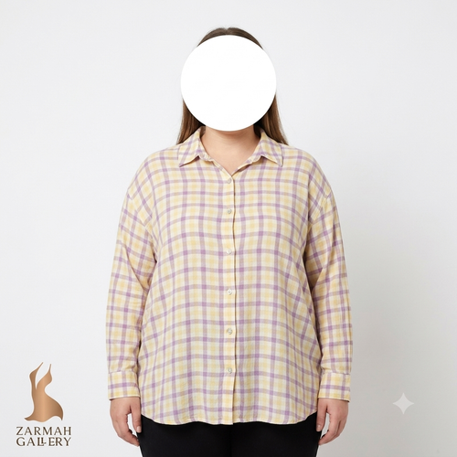 شومیز زنانه سایزبزرگ چهارخانه زرد و بنفش برند گلوریا وندربیلت وارداتی استوک مناسب استایل روزمره