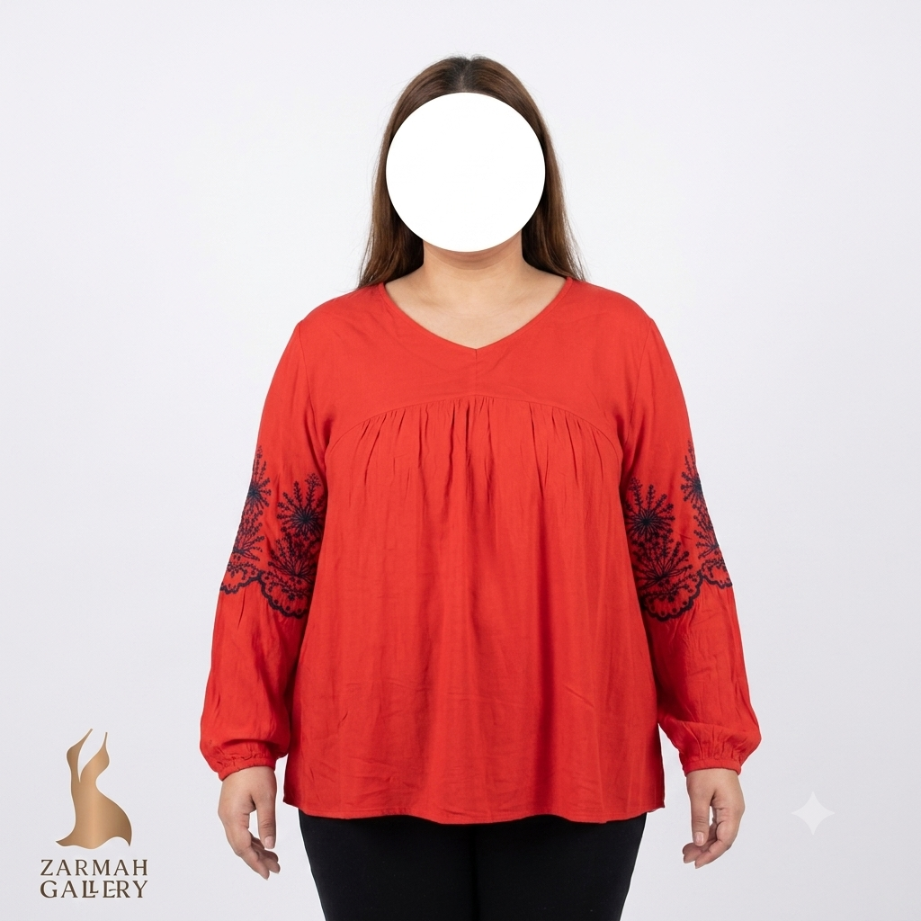 شومیز قرمز رنگ سایزبزرگ زنانه برند mi ami با گلدوزی مشکی روی آستین، وارداتی استوک، مناسب استایل مجلسی و روزمره