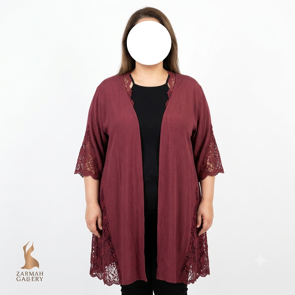 شومیز رویه بلند زنانه سایزبزرگ برند Rue21 رنگ زرشکی با تزئینات گیپور مناسب استایل تابستانه و مجلسی