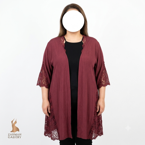 شومیز رویه بلند زنانه سایزبزرگ برند Rue21 رنگ زرشکی با تزئینات گیپور مناسب استایل تابستانه و مجلسی