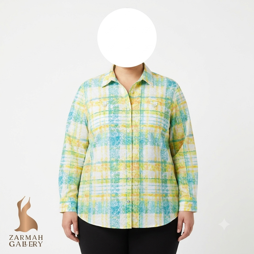 شومیز زنانه سایزبزرگ برند آلفرد دانر، طرح چهارخانه رنگی (زرد و آبی)، استوک وارداتی گرید A، مناسب استایل بهاره و تابستانه