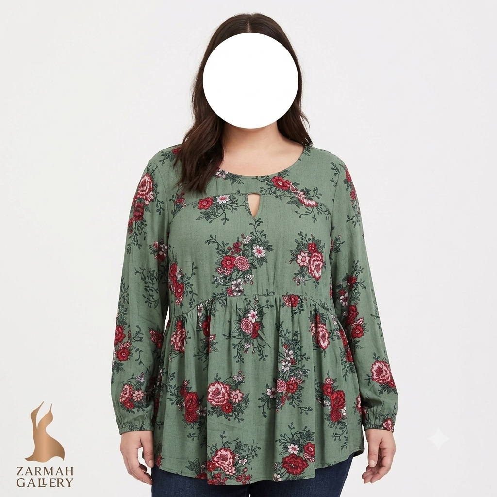 شومیز زنانه سایزبزرگ طرح گلدار رنگ سبز برند تورید، استوک وارداتی گرید A، مناسب استایل کژوال و روزمره
