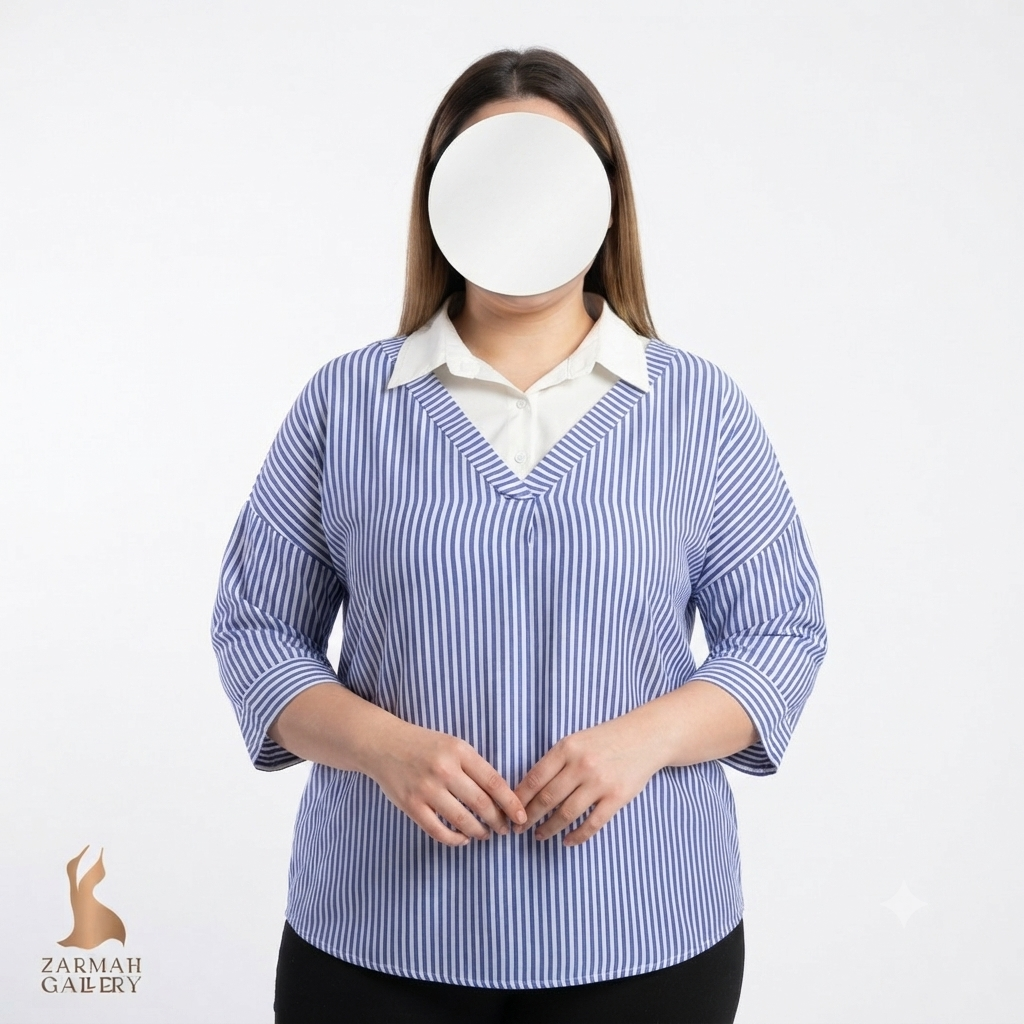 شومیز مانتویی زنانه باکیفیت ایرانی طرح راه‌راه با یقه سفید مناسب استایل شیک و رسمی سایز بزرگ