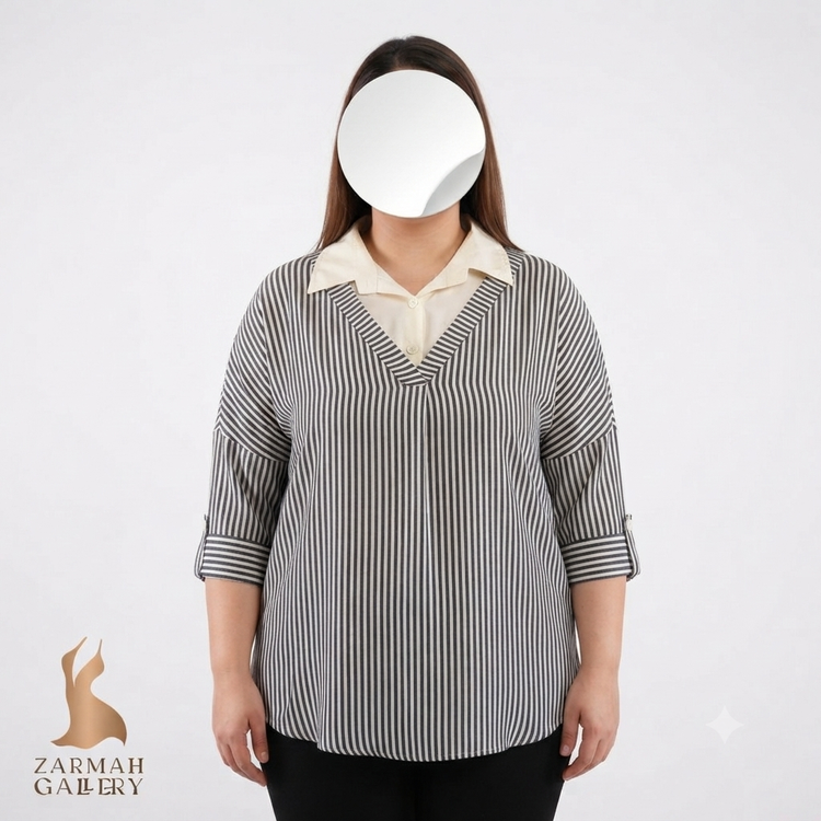 شومیز مانتویی زنانه باکیفیت ایرانی طرح راهراه با یقه سفید مناسب استایل شیک و رسمی سایز بزرگ