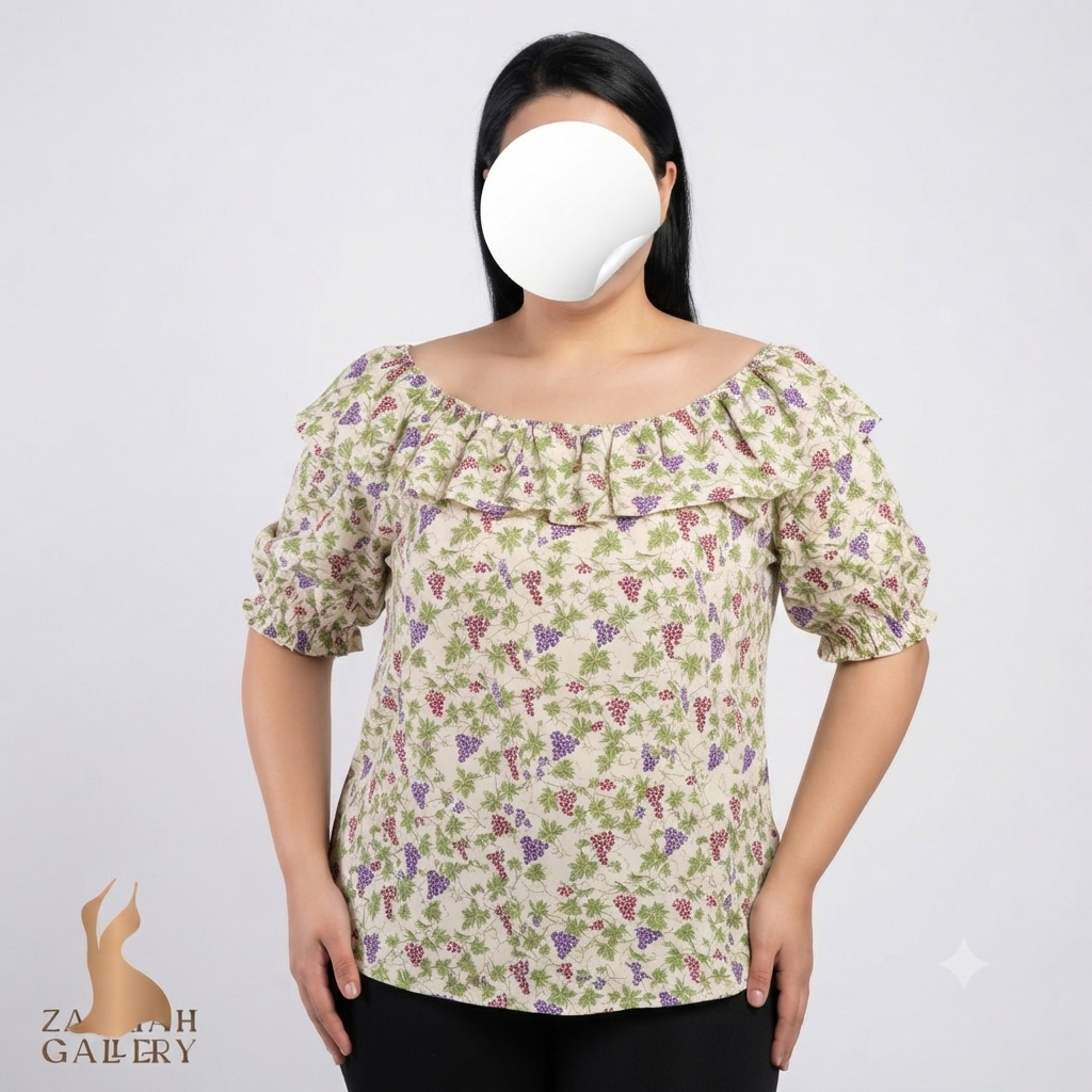 شومیز زنانه وارداتی گرید A با طرح گل و انگور، رنگ کرم با جزئیات ظریف، مناسب استایل کژوال سایز ۴۰.۴۲ در فروشگاه زرماه گالری