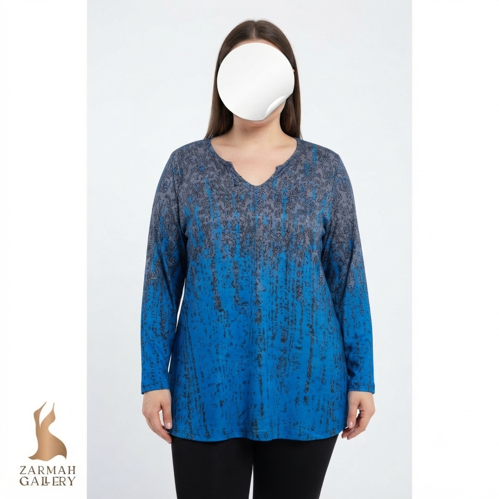 شومیز زنانه استوک وارداتی طرحدار با ترکیب رنگ آبی و طوسی، مناسب سایز بزرگ ۵۶.۵۸