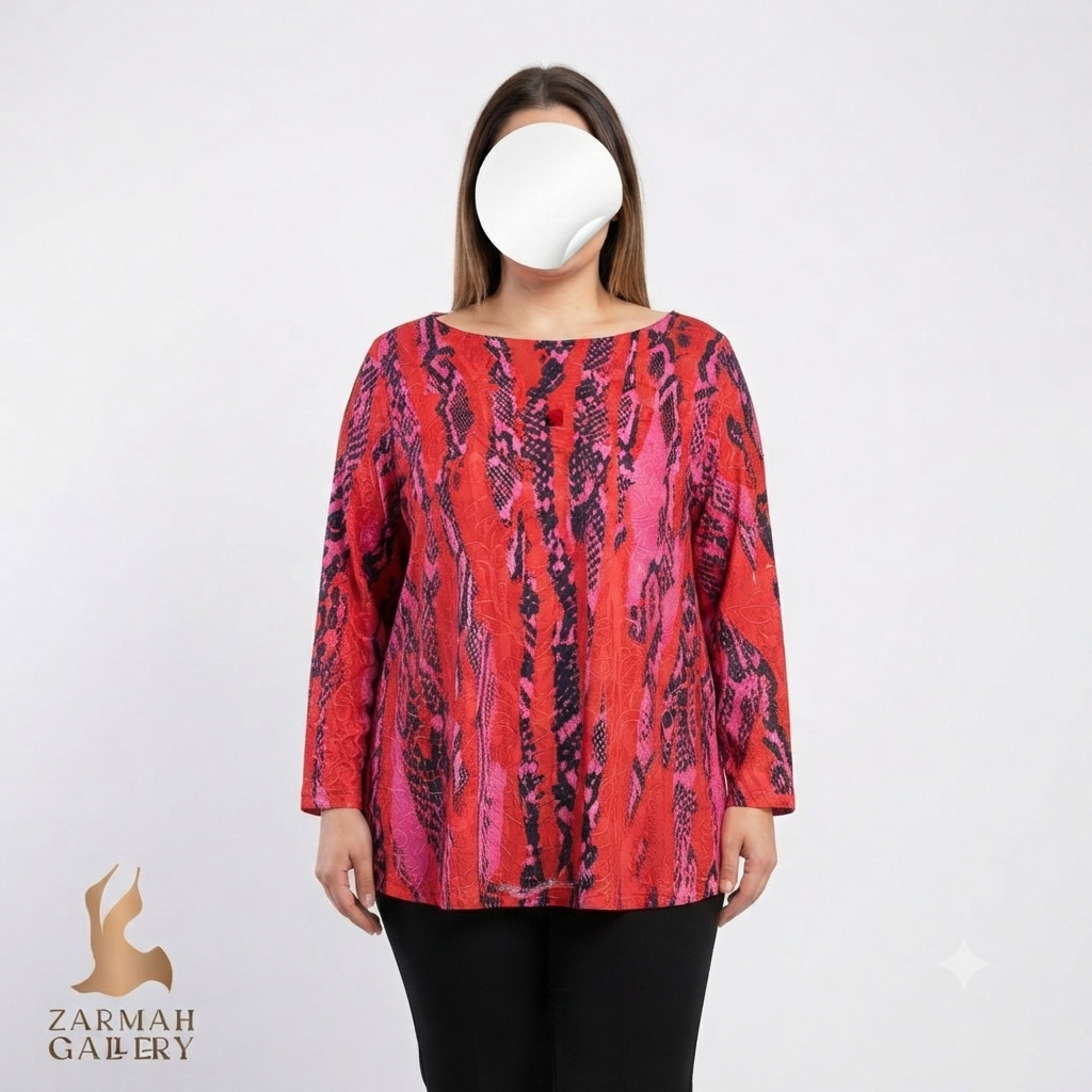 شومیز زنانه استوک وارداتی برند JM Collection با طرح پلنگی قرمز و مشکی، مناسب سایز ۵۰.۵۲